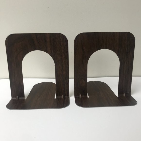 Mid-Century Faux Wood Grain Metal Industrial School Library Bookends Set of 2 - Picture 1 of 12